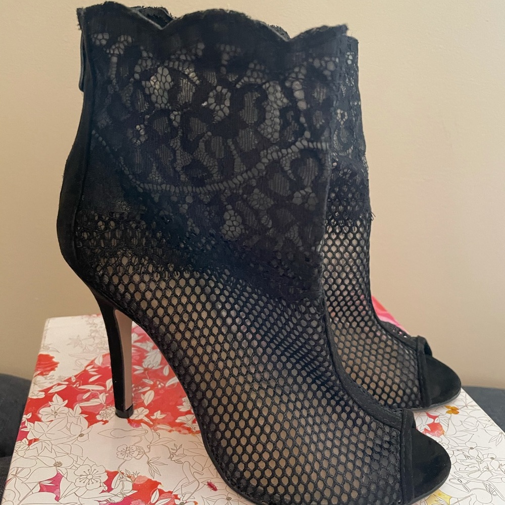 Open toe lace and net ankle boots